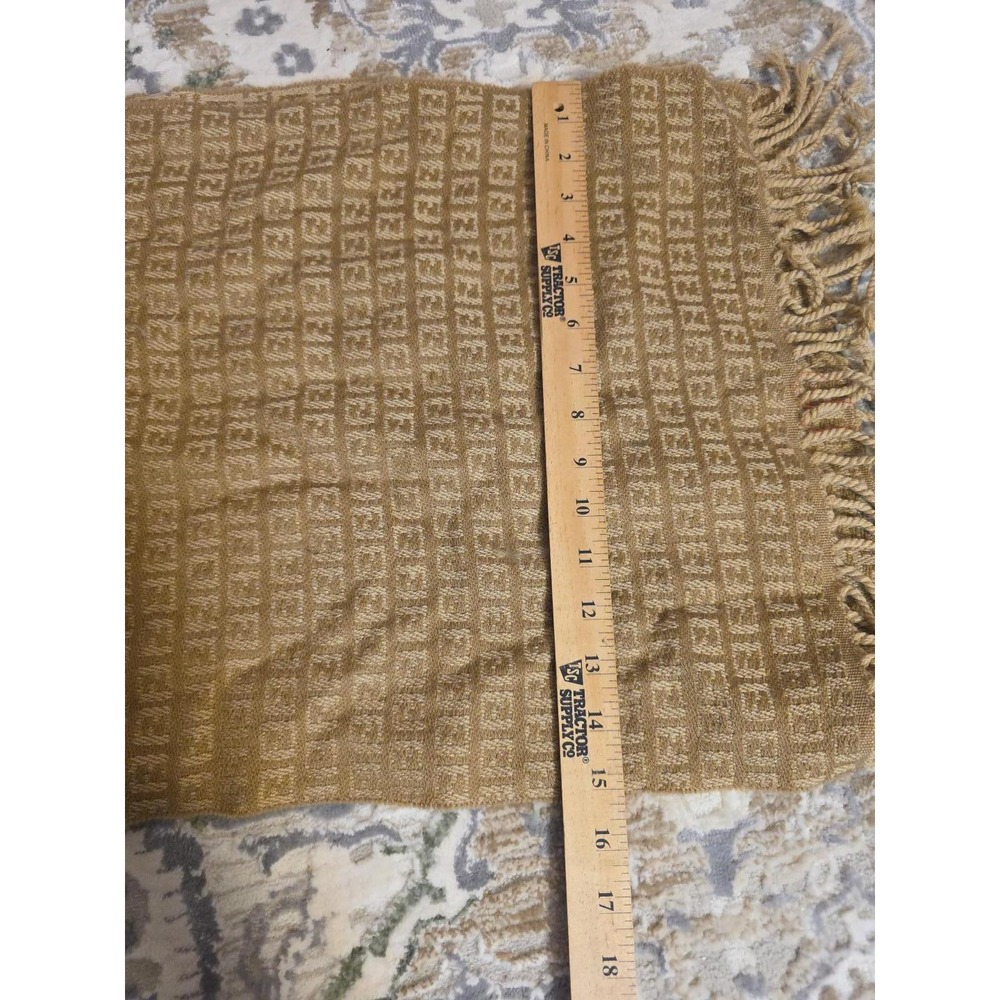 Fendi Zucca Monogram Scarf Tan Beige FF Logo Fringe Trim Rectangle Luxury Scarf - Picture 13 of 16